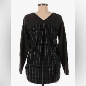 Grey knit sweater with a flannel panel back, size M